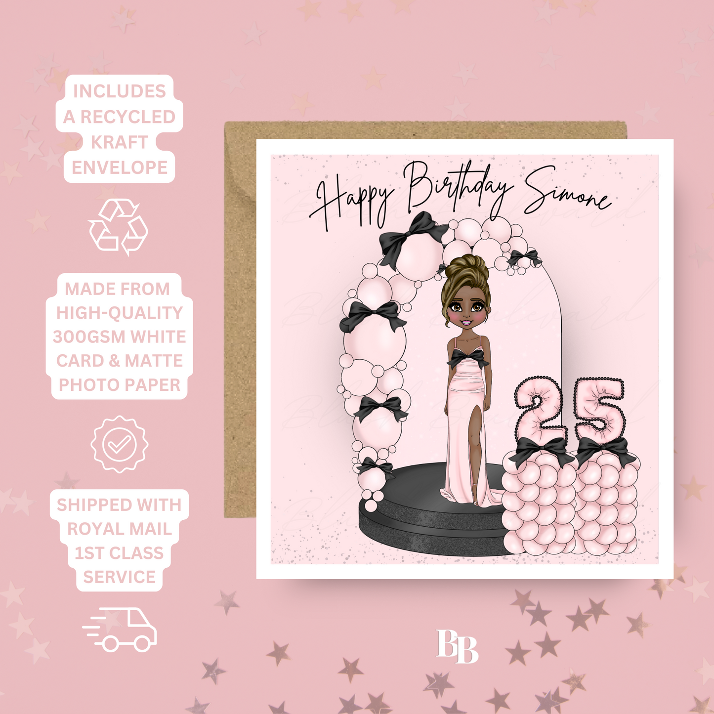 Personalised Pink & Black Bow Birthday Card
