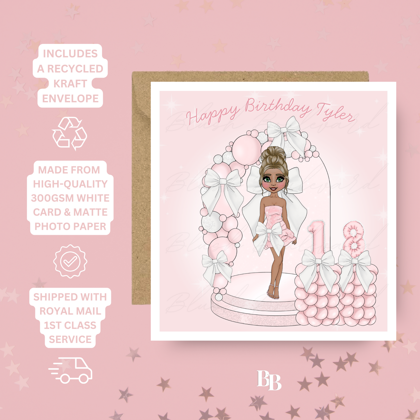 Personalised Pink & White Bow Birthday Card