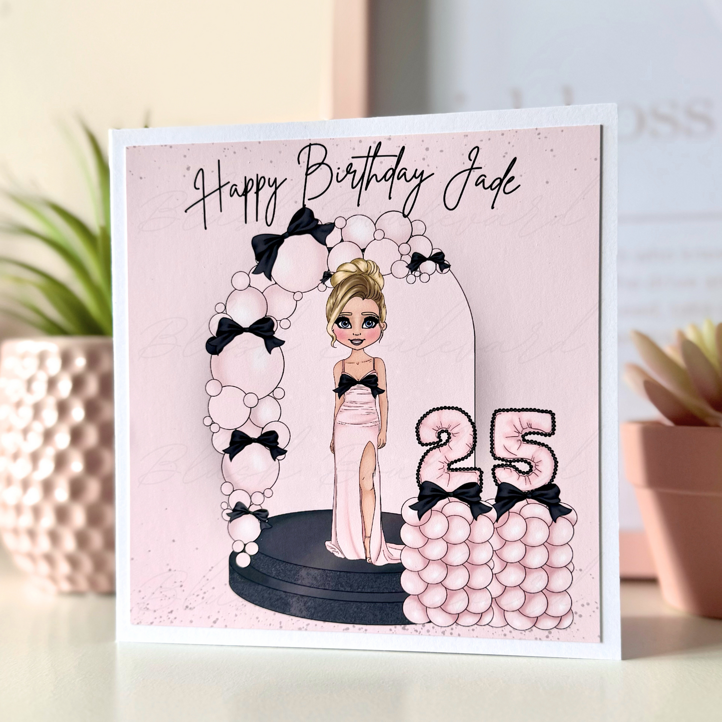 Personalised Pink & Black Bow Birthday Card