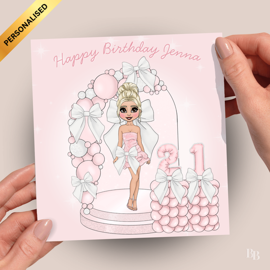 Personalised Pink & White Bow Birthday Card