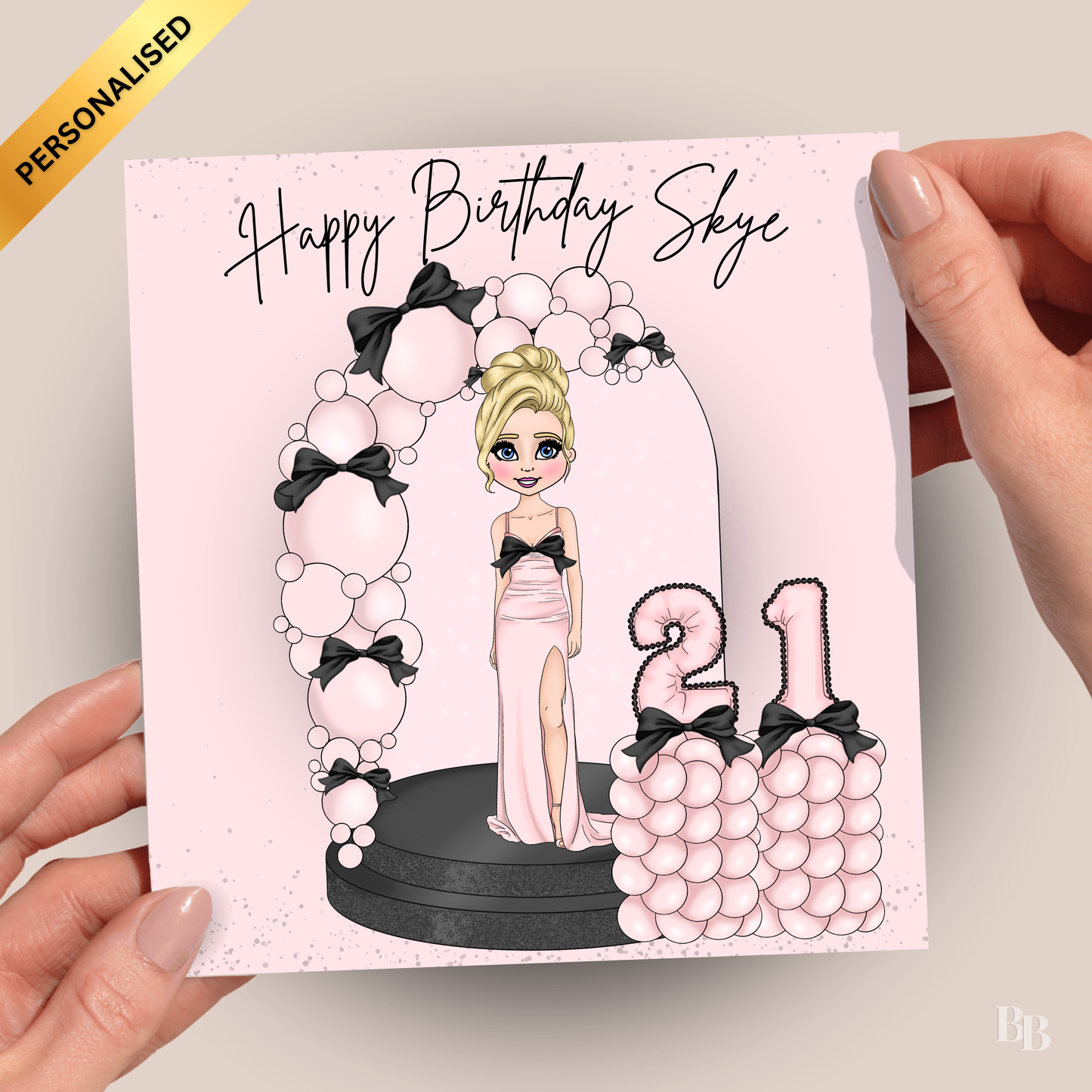 Personalised Pink & Black Bow Birthday Card
