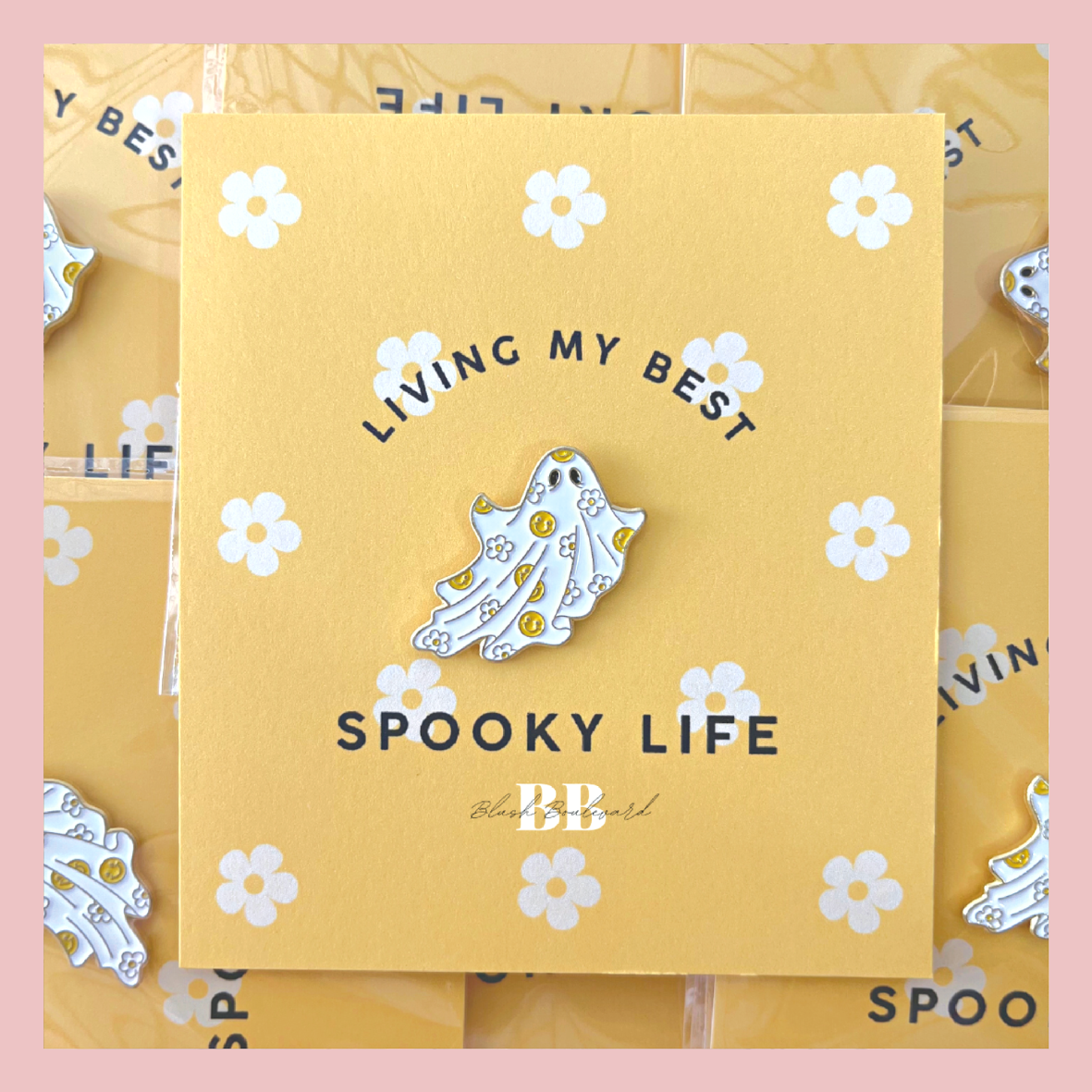 Smiley Daisy Yellow Ghost Enamel Pin - Blush Boulevard