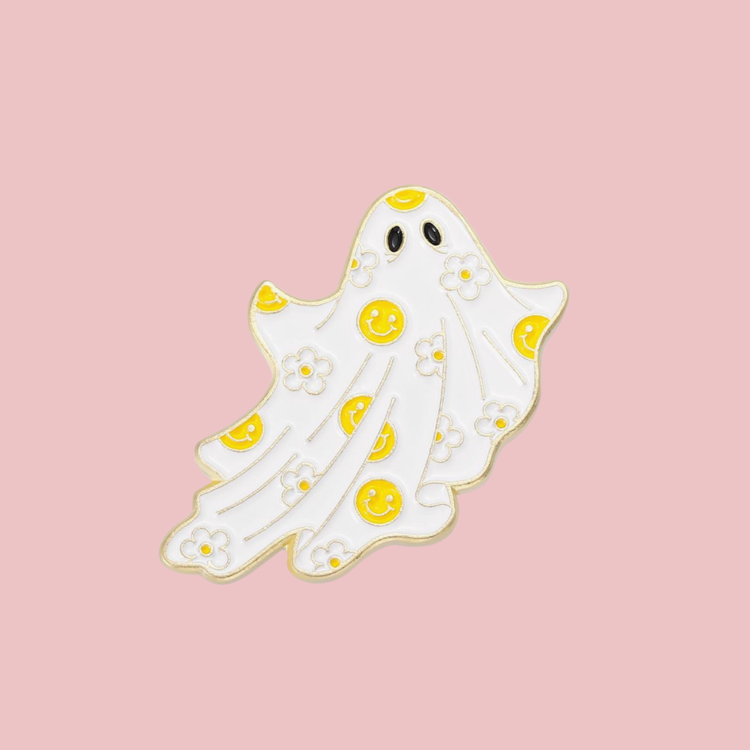 Smiley Daisy Yellow Ghost Enamel Pin - Blush Boulevard