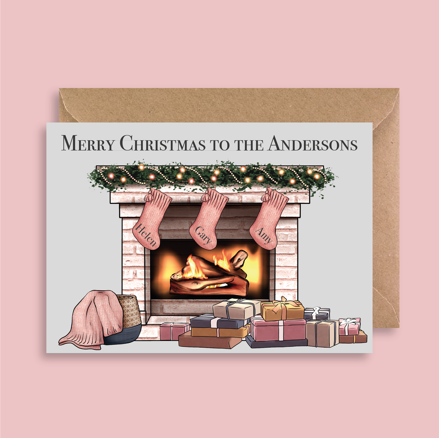 Personalised Family Christmas Stockings Card - Blush Boulevard Greeting Card